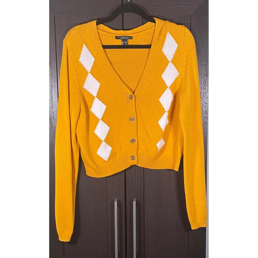 Forever 21 Womens Mustard Yellow Argyle Cropped Cardigan Sweater V-Neck XL